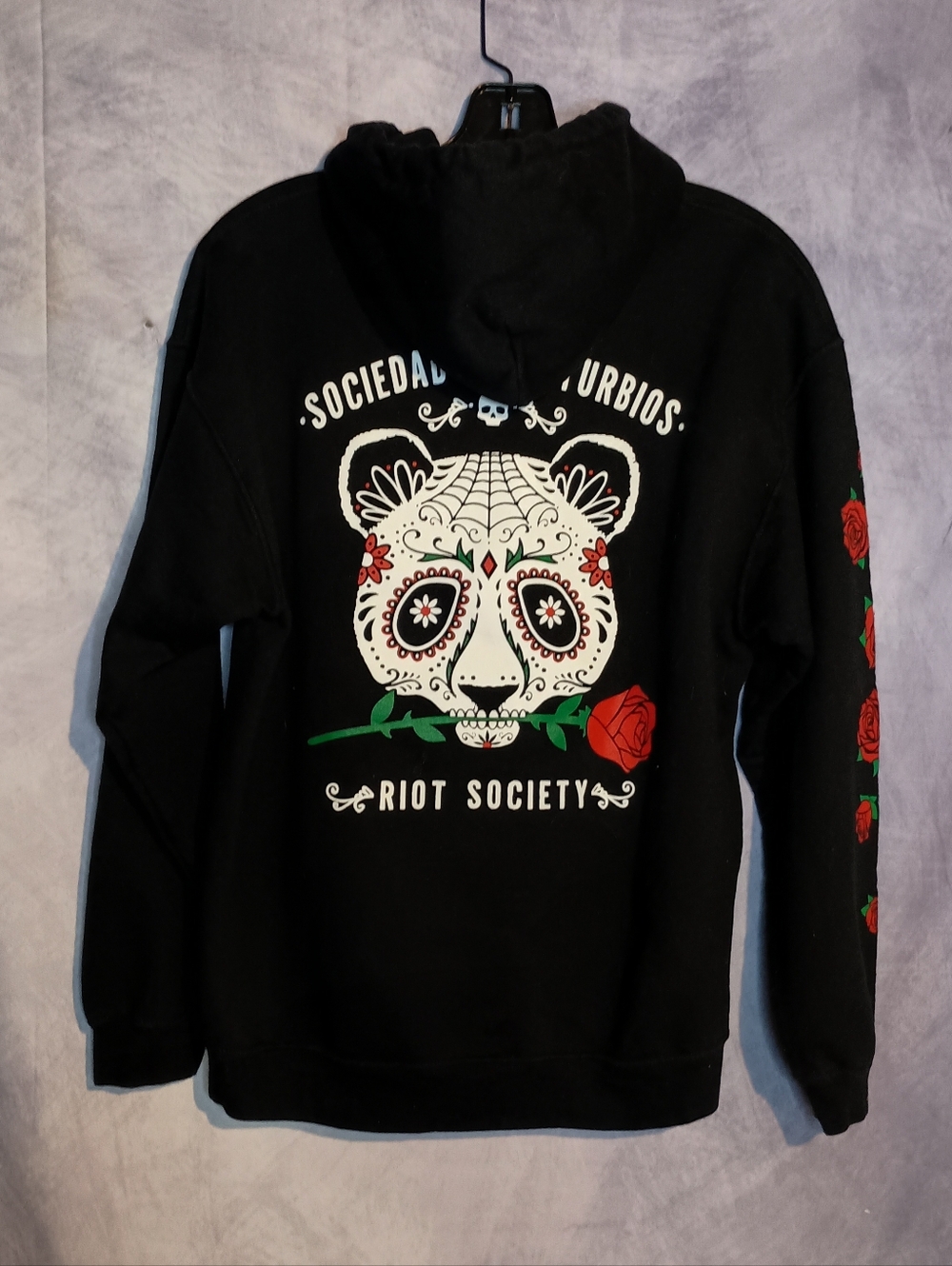 Riot Society Sugar Skull Panda Hoodie Rose Sleeve Graphic Pullover Black Size M